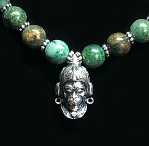 Hanuman Necklace Strung with African jade and Silver